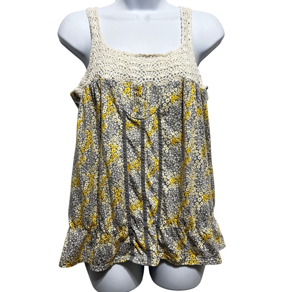 Decree Babydoll Top L Gray Yellow Floral Crochet Boho‎ Cottagecore Y2K Festival
